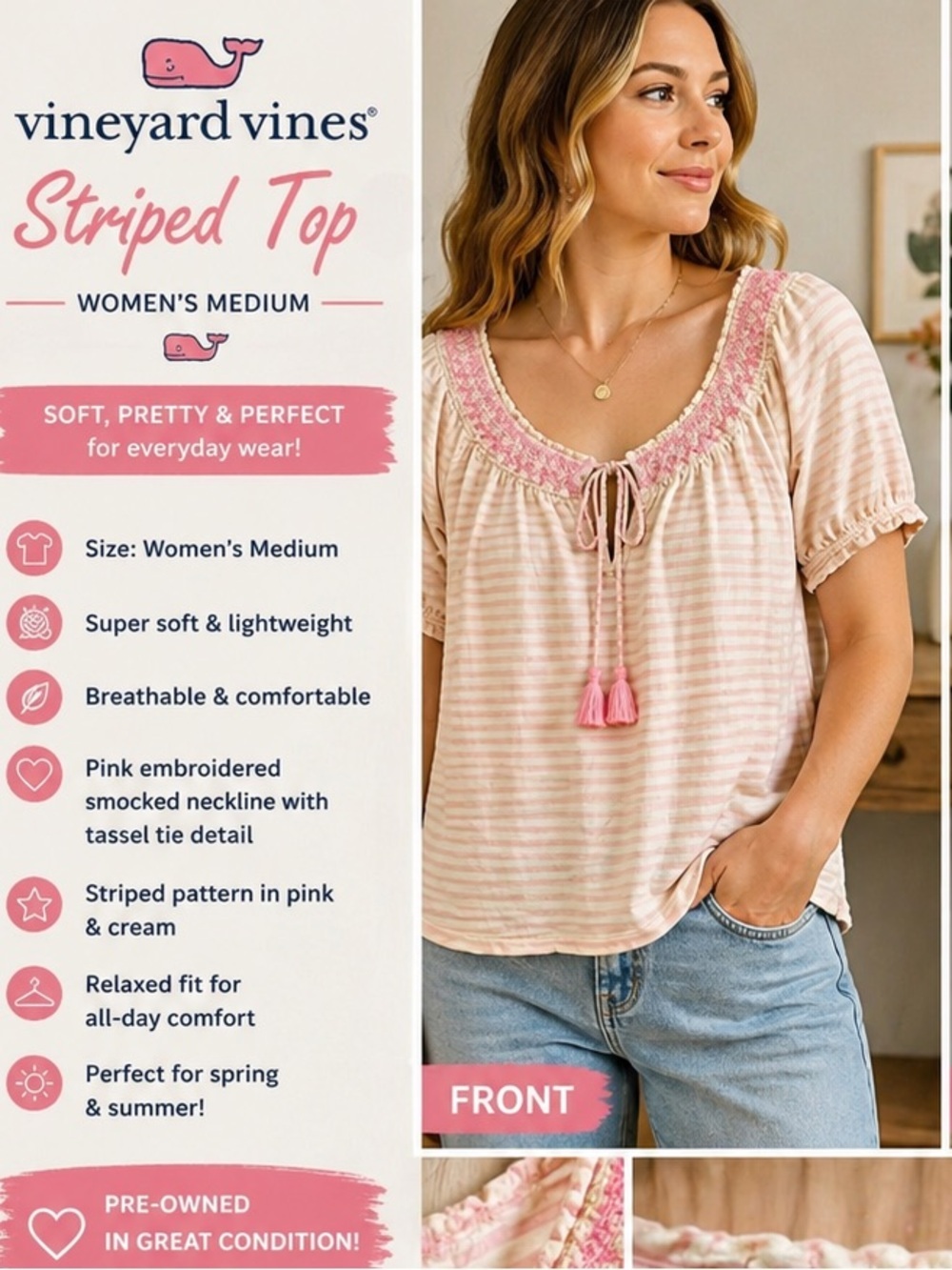 VINEYARD VINES Striped Pink and Cream Women's Top MEDIUM